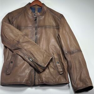 Massimo Dutti Brown Genuine Leather Moto Jacket XXL Euro Slim Fit